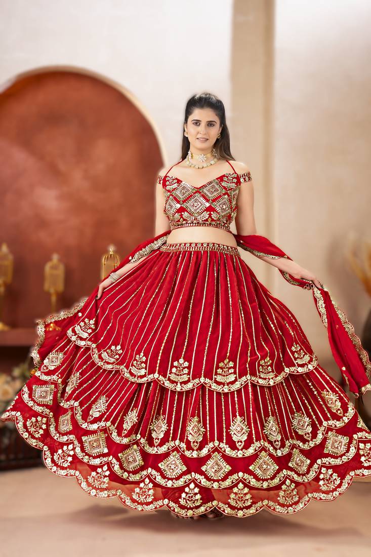 royal red faux georgette lehenga with sequins