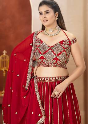 royal red faux georgette lehenga with sequins 3