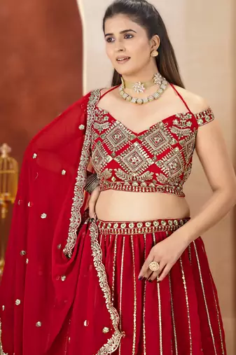 royal red faux georgette lehenga with sequins