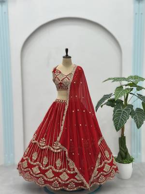 royal red faux georgette lehenga with sequins 4