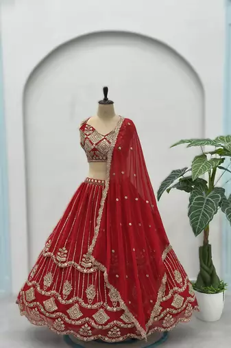 royal red faux georgette lehenga with sequins