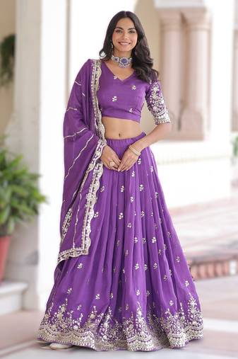 purple vichitra silk lehenga with zari work