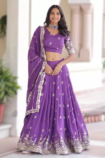 purple vichitra silk lehenga with zari work
