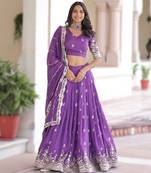 purple vichitra silk lehenga with zari work