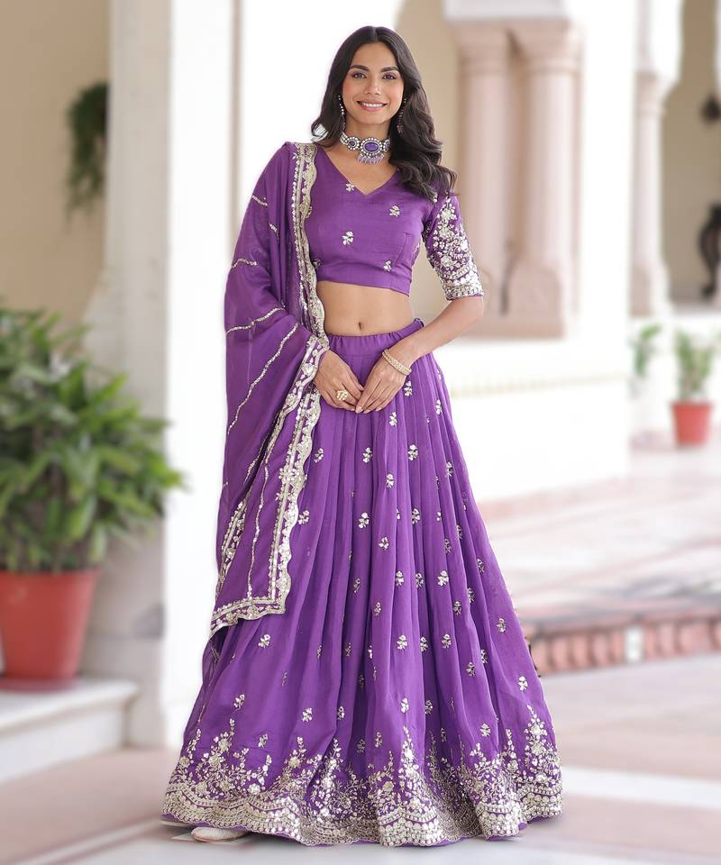 purple vichitra silk lehenga with zari work