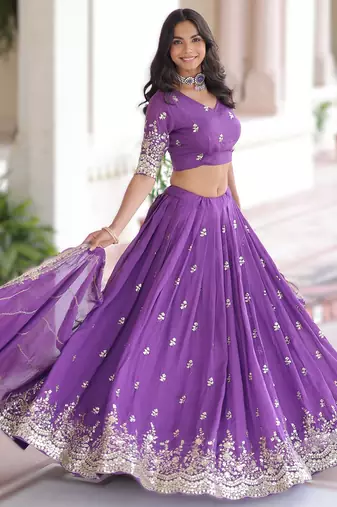purple vichitra silk lehenga with zari work