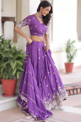 purple vichitra silk lehenga with zari work