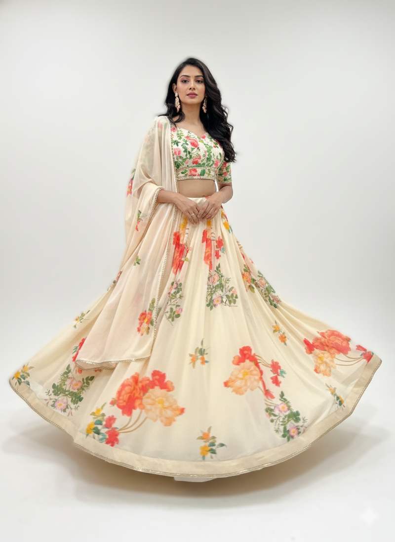 off white georgette floral lehenga choli
