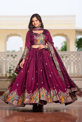 wine vichitra fabric lehenga choli with sequins 1