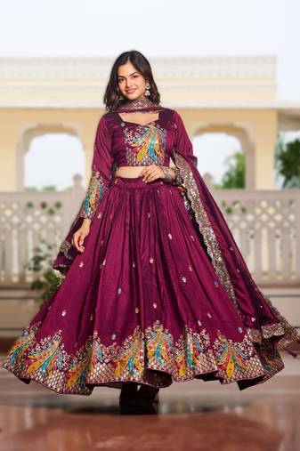 wine vichitra fabric lehenga choli with sequins