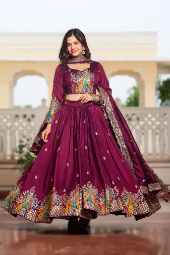 wine vichitra fabric lehenga choli with sequins