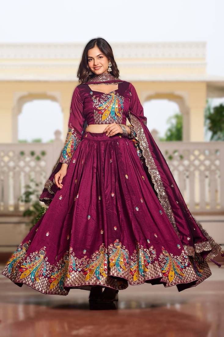 wine vichitra fabric lehenga choli with sequins
