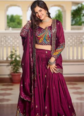 wine vichitra fabric lehenga choli with sequins 2