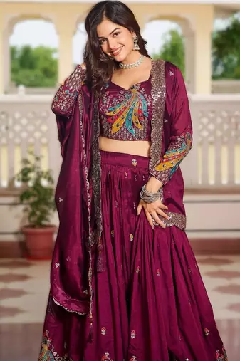 wine vichitra fabric lehenga choli with sequins