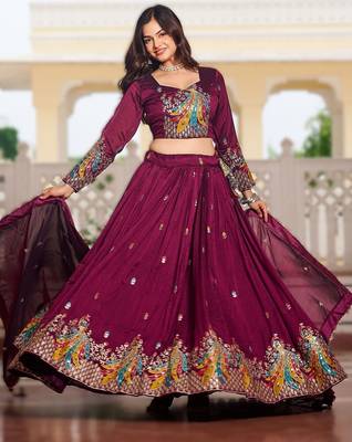 wine vichitra fabric lehenga choli with sequins 3