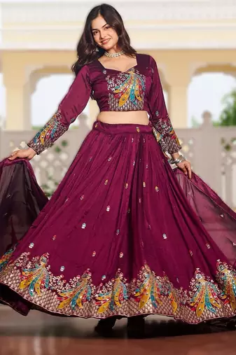 wine vichitra fabric lehenga choli with sequins