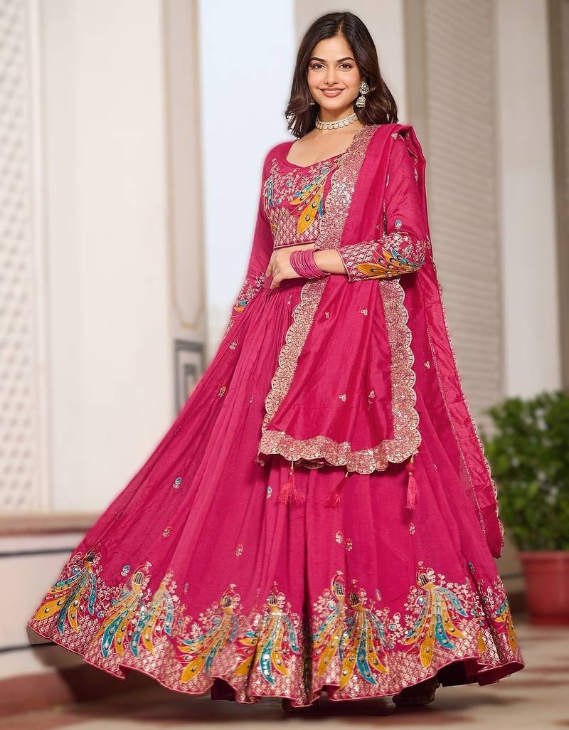 pink vichitra fabric lehenga choli with sequins