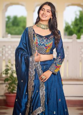 royal blue vichitra fabric lehenga choli with sequins 3
