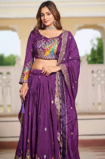 purple vichitra fabric lehenga choli with sequins
