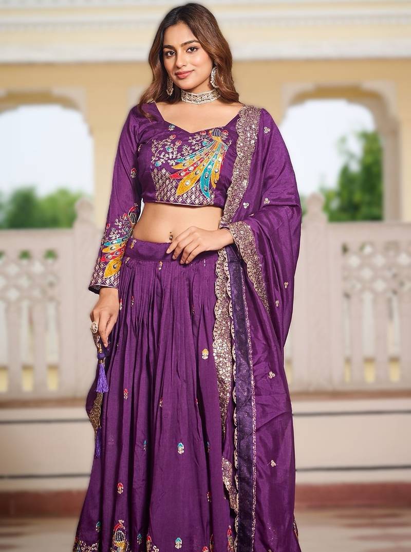purple vichitra fabric lehenga choli with sequins