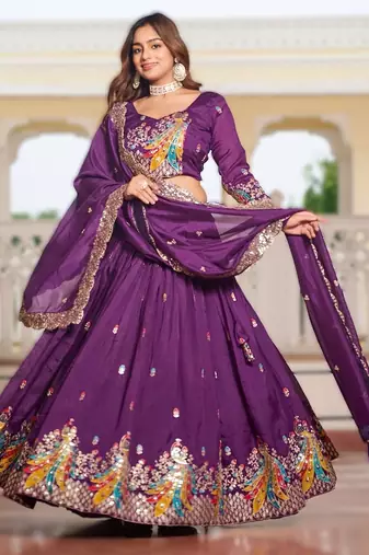 purple vichitra fabric lehenga choli with sequins