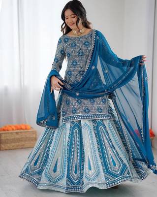 royal blue georgette lehenga with sequin work 1