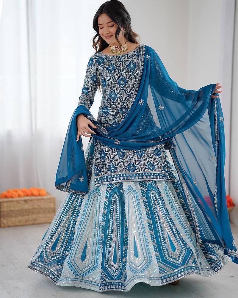 royal blue georgette lehenga with sequin work