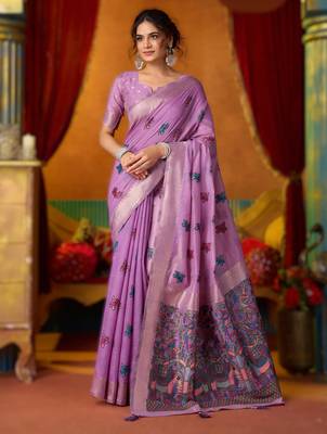 Purple khadi cotton saree with elegant jhallar border 1