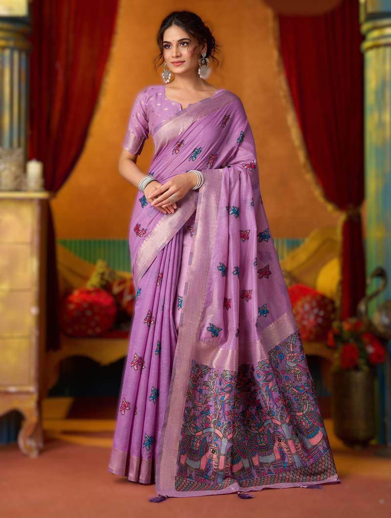 Purple khadi cotton saree with elegant jhallar border