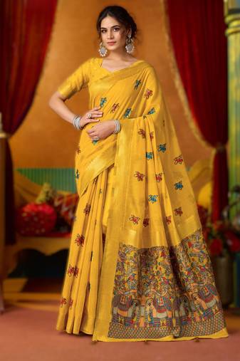 Yellow khadi cotton saree with elegant jhallar border