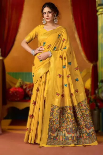 Yellow khadi cotton saree with elegant jhallar border