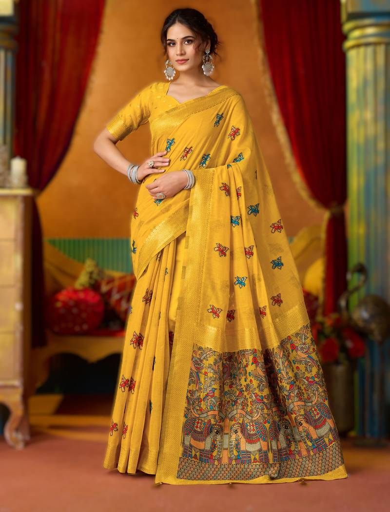 Yellow khadi cotton saree with elegant jhallar border