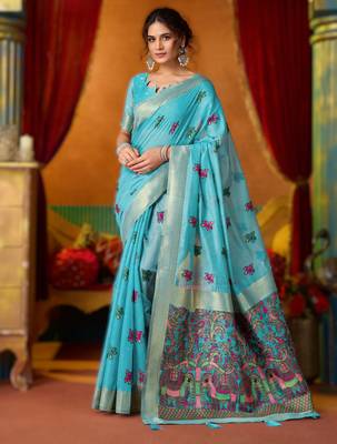 Blue khadi cotton saree with elegant jhallar border 1
