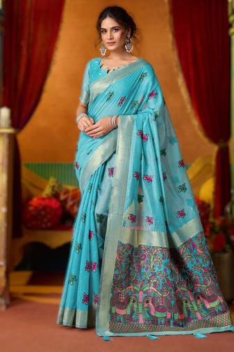 Blue khadi cotton saree with elegant jhallar border