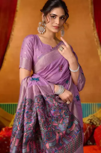 Purple khadi cotton saree with elegant jhallar border