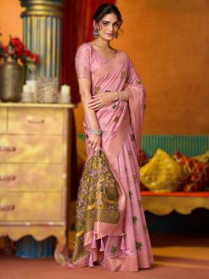 Pink khadi cotton saree with elegant jhallar border 1