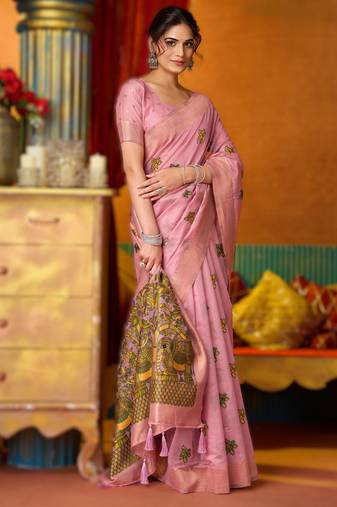 Pink khadi cotton saree with elegant jhallar border