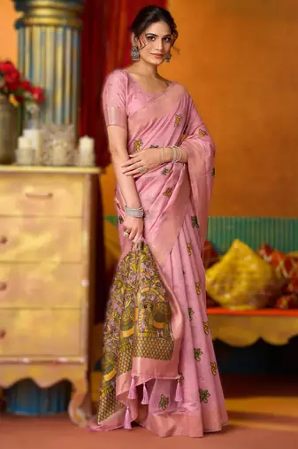 Pink khadi cotton saree with elegant jhallar border