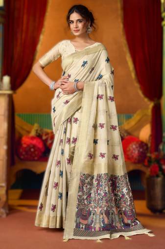 Off white khadi cotton saree with elegant jhallar border