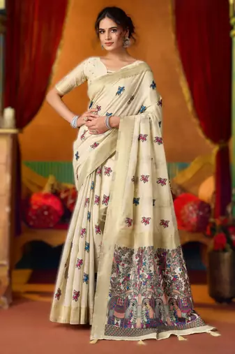 Off white khadi cotton saree with elegant jhallar border