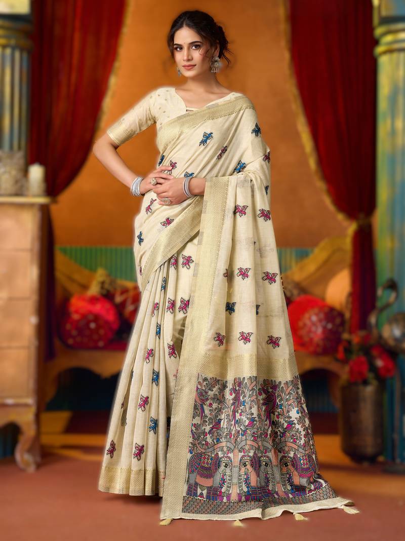 Off white khadi cotton saree with elegant jhallar border