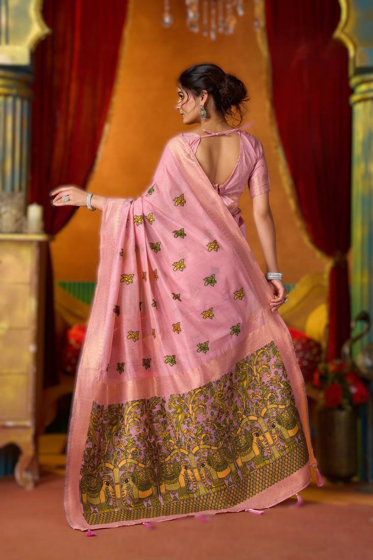 Pink khadi cotton saree with elegant jhallar border