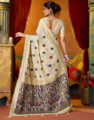 Off white khadi cotton saree with elegant jhallar border 2