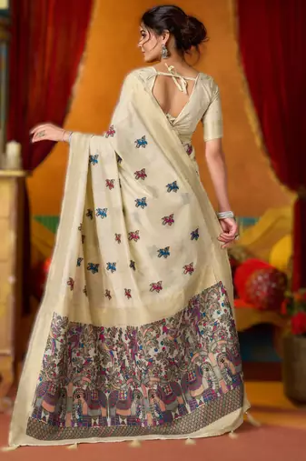 Off white khadi cotton saree with elegant jhallar border