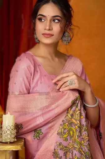 Pink khadi cotton saree with elegant jhallar border