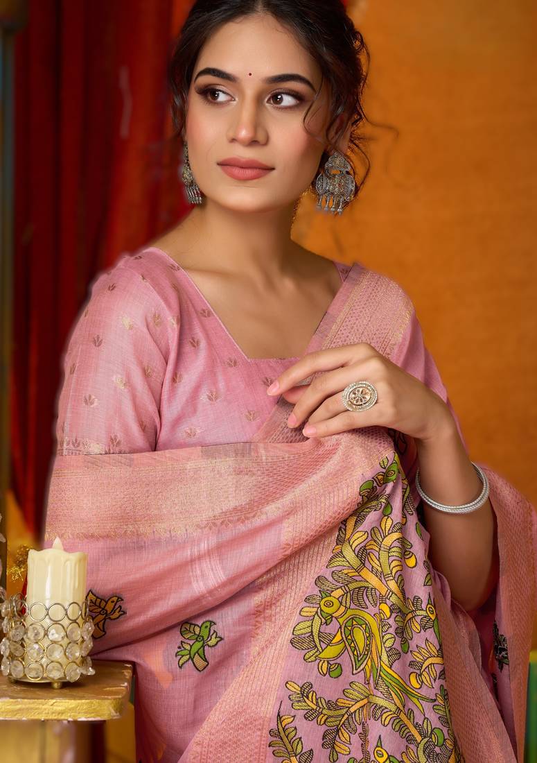 Pink khadi cotton saree with elegant jhallar border