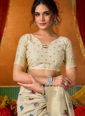 Off white khadi cotton saree with elegant jhallar border 3