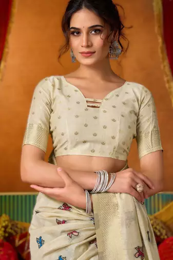 Off white khadi cotton saree with elegant jhallar border
