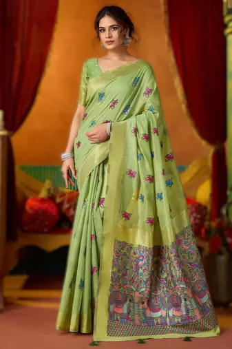 Green khadi cotton saree with elegant jhallar border