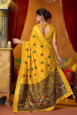 Yellow khadi cotton saree with elegant jhallar border 2
